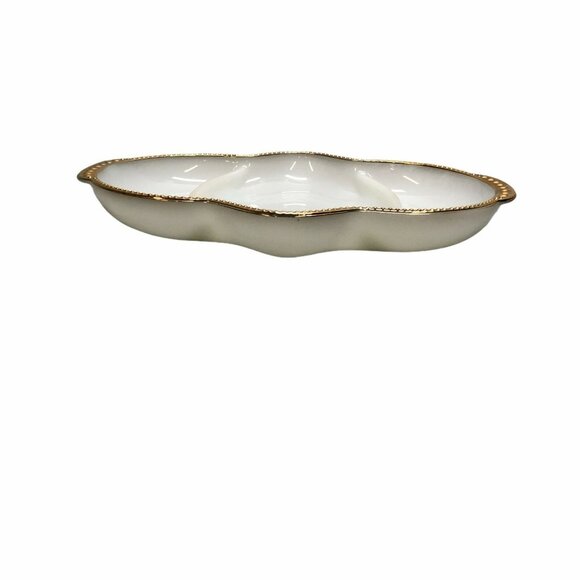 Anchor Hocking Fire King Milk Glass Relish Dish Divided Tray Gold Trim 11"x8" - Picture 4 of 11